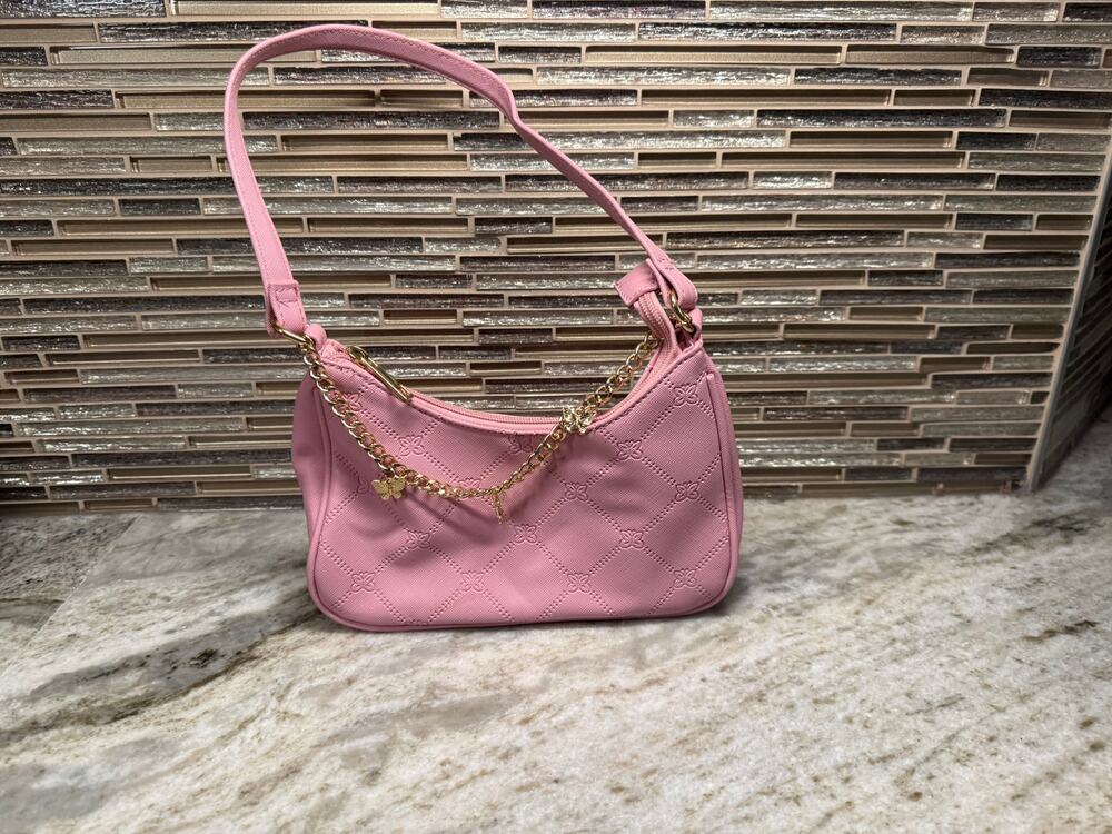 Pink Mini Shoulder Bag Gold Chain Baguette Purse